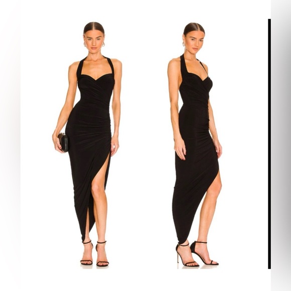 Norma Kamali Black Halter Ruched Asymmetrical Dress Bodycon Cocktail Evening - Picture 3 of 6